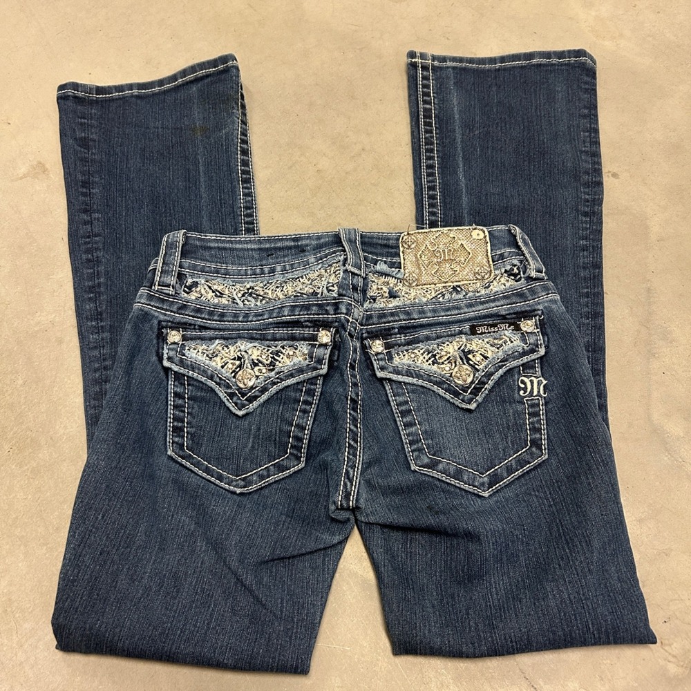 Miss Me Signature Boot Cut Embellished Jeans Dark Wash Embroidered Size 25